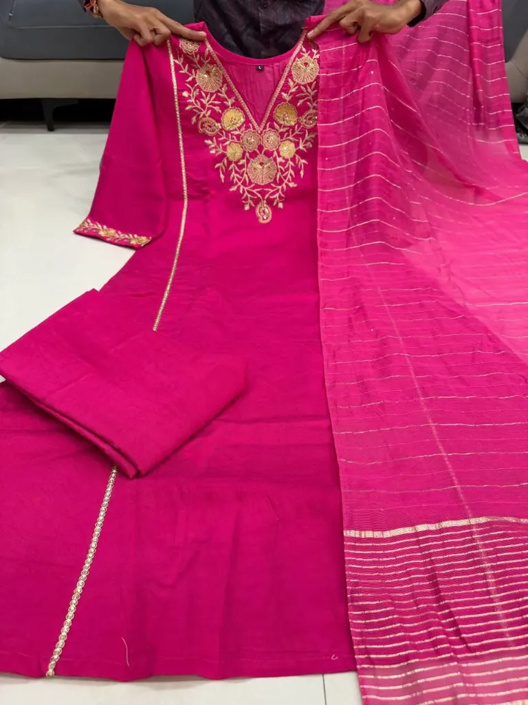 Radiant Royalty: Hot Pink Silk-Blend Embroidered 3-Piece Kurti Set