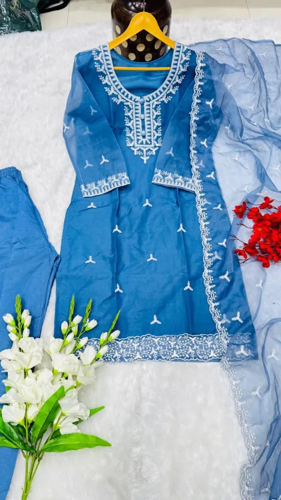 Cerulean Serenity: Embroidered Cotton 3-Piece Kurti Set