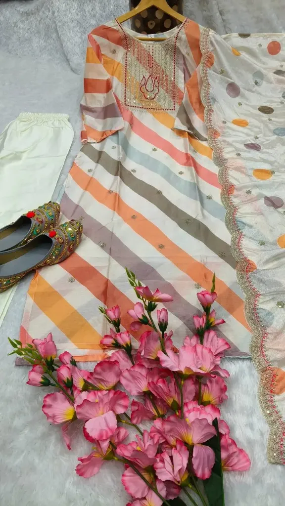 Sunkissed Stripes: Coral & Mustard Embroidered Leheriya Kurti Set