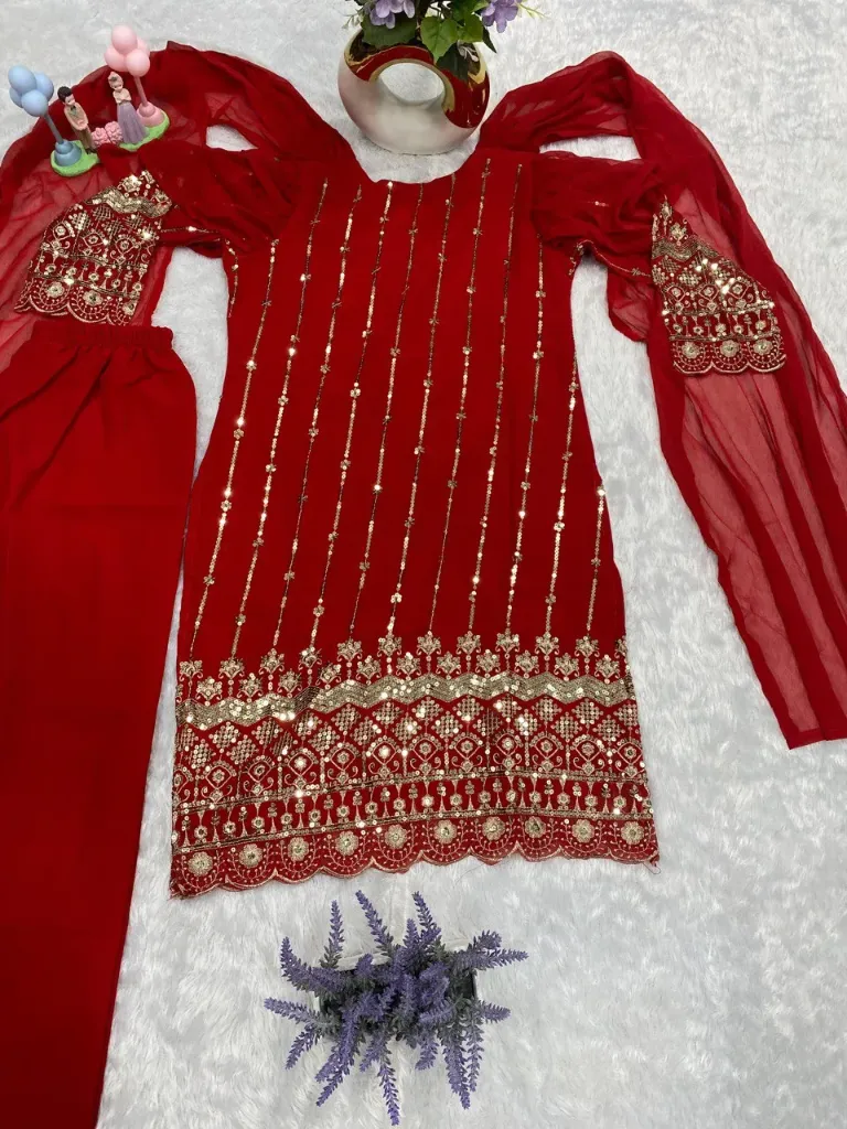 Crimson Majesty: Deep Red Heavily Embroidered Georgette Kurta Set