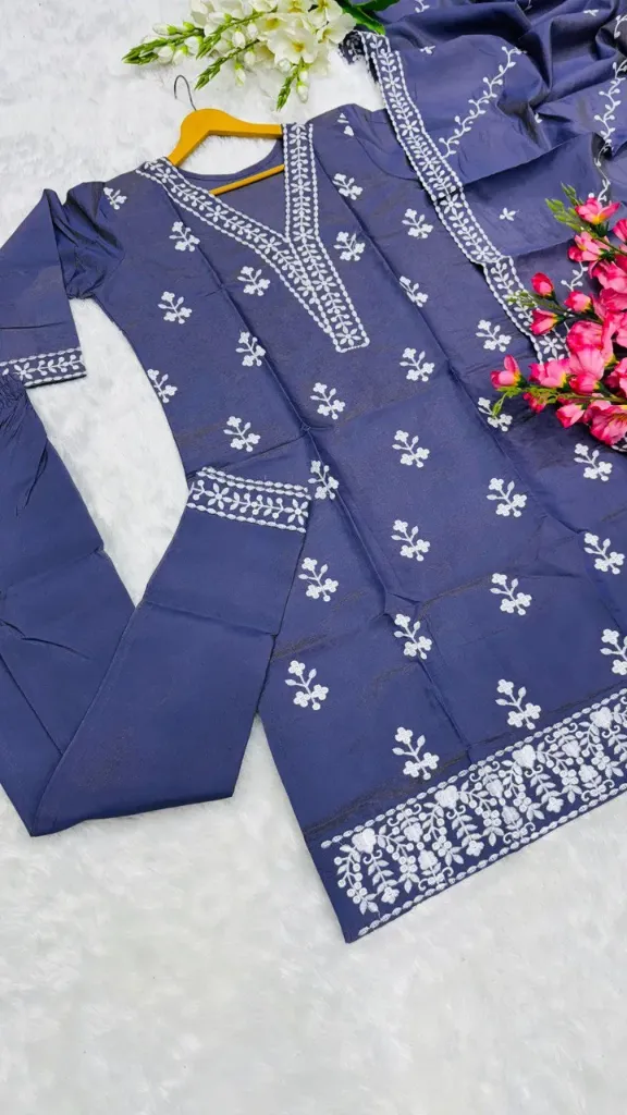 Midnight Elegance: Navy Blue Floral Embroidered Cotton Kurti