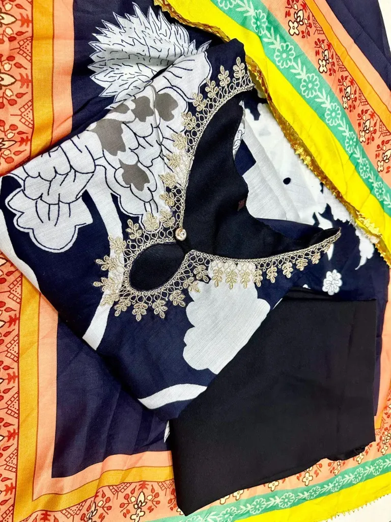 Monochrome Bloom: Black & White Floral Cotton Kurti Set with Multi-Bordered Dupatta
