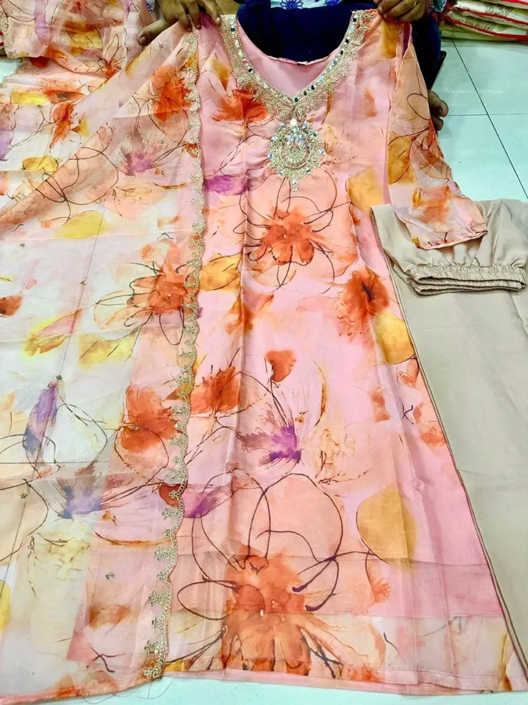 Peach Paradise: Intricately Embroidered Floral Anarkali Ensemble