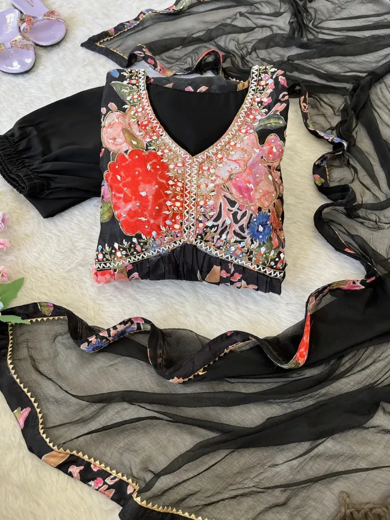 Midnight Bloom: Vibrant Floral Printed 3-Piece Cotton Kurti Set