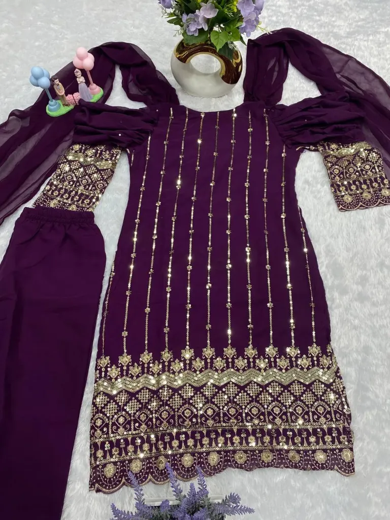 Purple Silk Embroidered Kurti Set