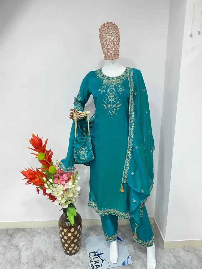Teal Blue Embroidered Kurti Set
