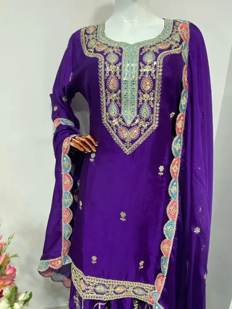 Purple Royalty: Exquisite Scalloped Silk Kurti Set with Antique Zari