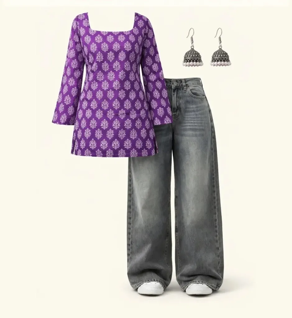 Chic Indo-Western Purple Kurti & Denim Set