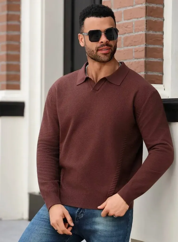 (BUY 1 GET 1 FREE) Tan Textured Knit Polo Shirt. (S, White)