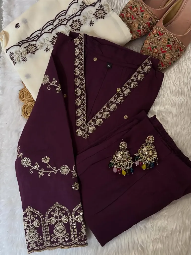 Royal Plum Embroidered V-Neck Kurta Set